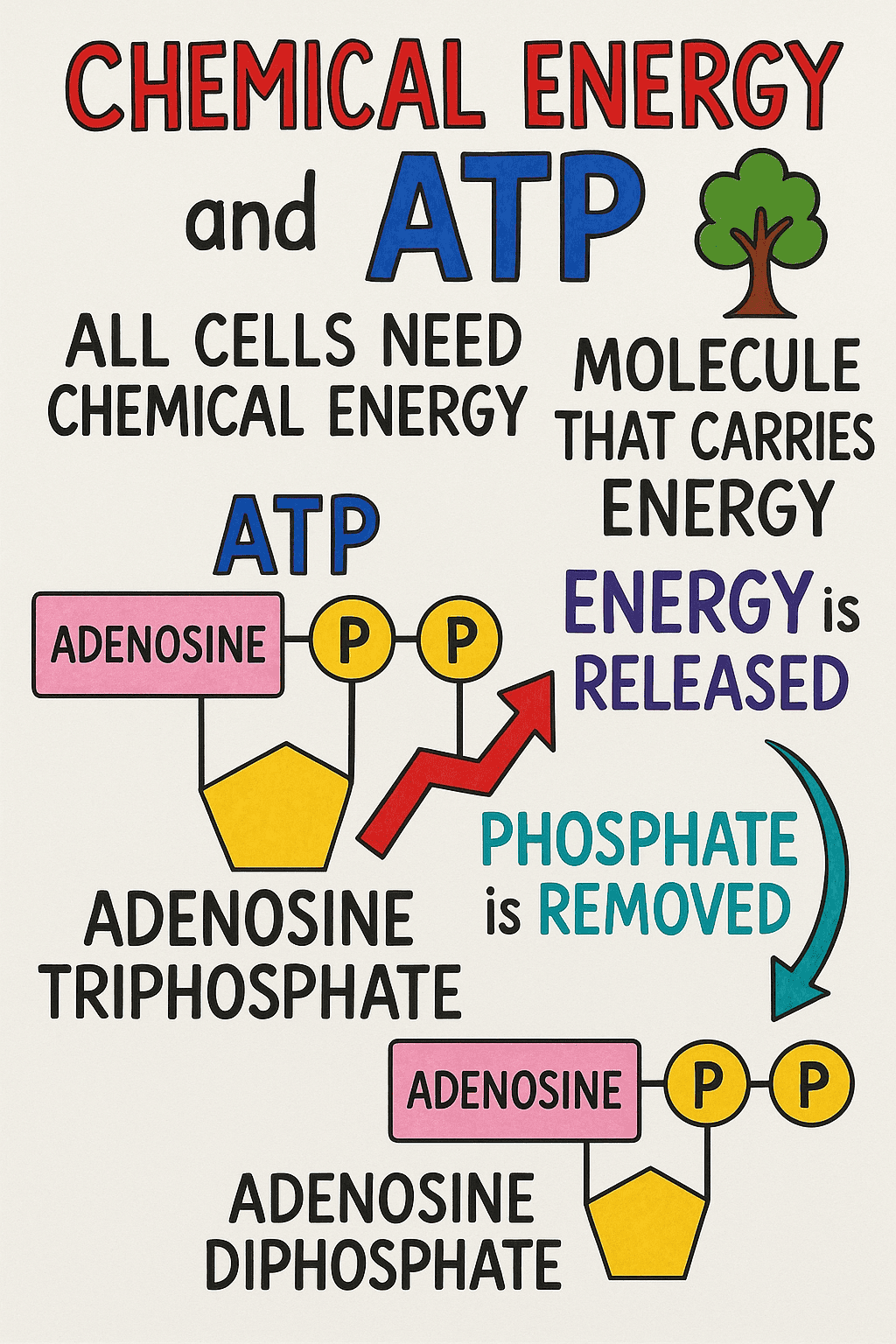 ATP molecule diagram explaining chemical energy in cells for science education.