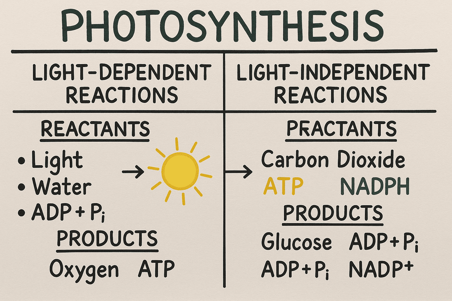 Photosynthesis infographic illustrating light-dependent and light-independent reactions, depicting reactants like light, water, ADP+P, and products including oxygen, ATP, carbon dioxide, NADPH, glucose, ADP+P, NADP+ for biology students and educators.