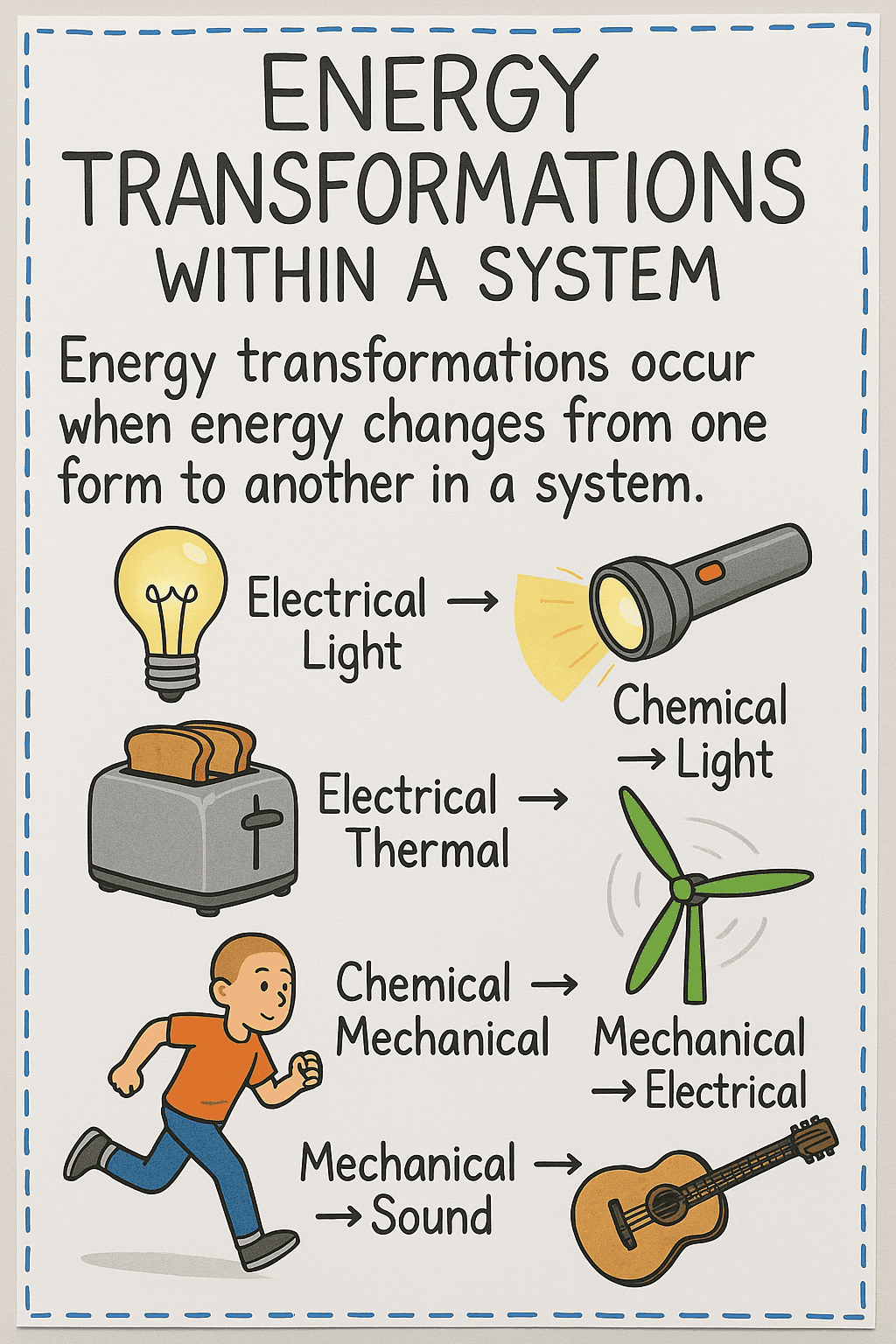 Energy transformations in various systems including electrical, chemical, mechanical, and thermal conversions, illustrated with icons of a light bulb, flashlight, wind turbine, running person, and guitar.