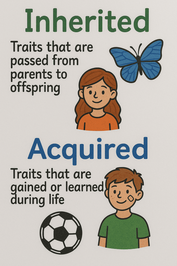 Inherited traits illustration showing passing traits from parents to offspring with a girl, butterfly, and text.