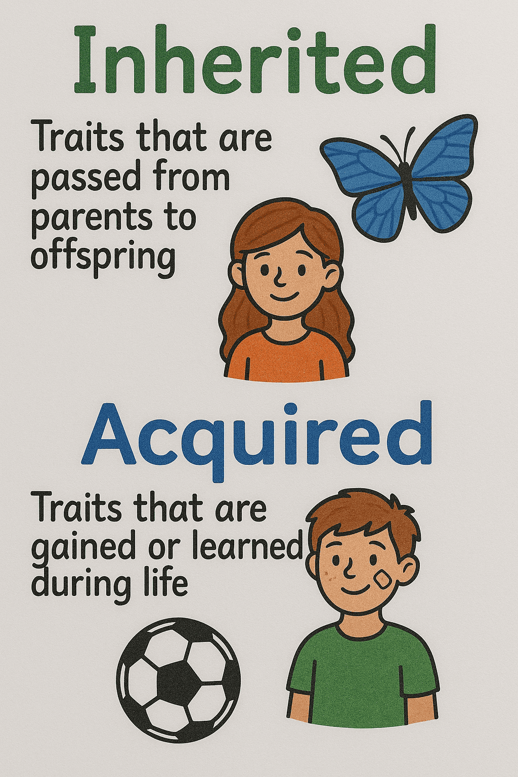 Inherited traits illustration showing passing traits from parents to offspring with a girl, butterfly, and text.