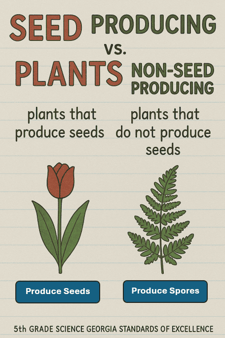 Seed producing plants vs. non-seed producing plants educational infographic for biology students.