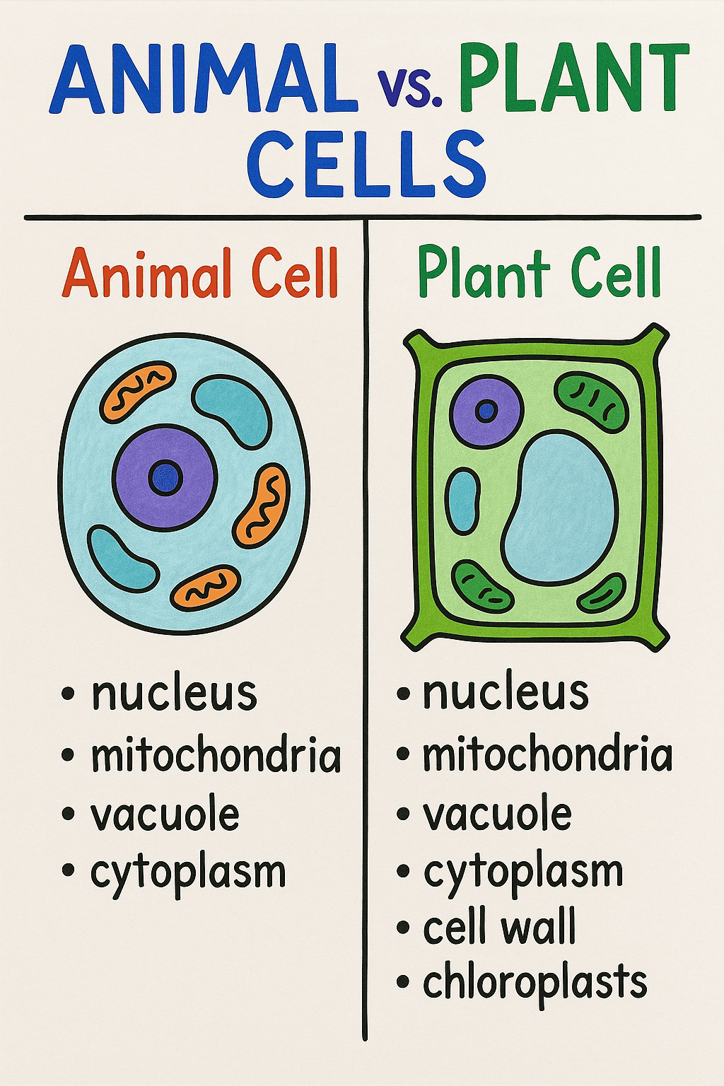 A diagram comparing animal and plant cells highlighting key differences and similarities for educational purposes. Featuring colorful illustrations and labeled cell components, ideal for biology students.