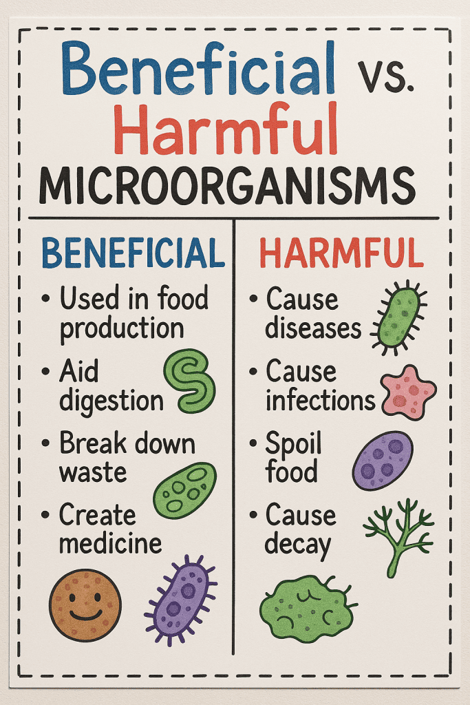 Microorganisms comparison chart illustrating beneficial and harmful microbes for food production, digestion, disease, and decay, with colorful illustrations and clear advantages and risks.
