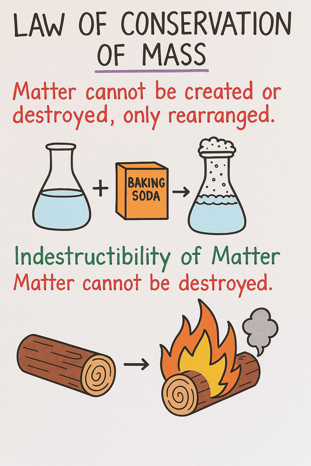 Explains the law of conservation of mass and matter indestructibility with illustrations of a beaker, baking soda, and burning logs for science education.
