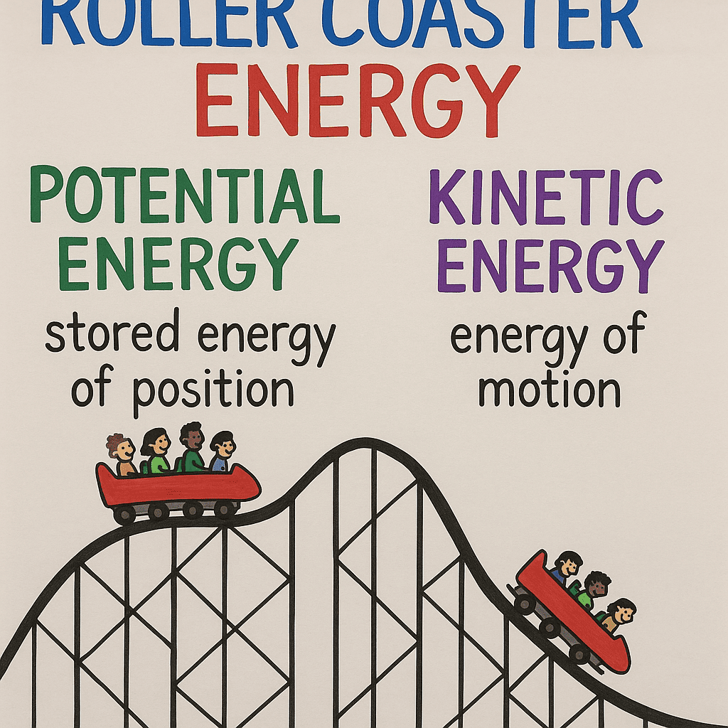 Roller coaster energy, potential energy, kinetic energy, stored energy of position, energy of motion, educational science illustration, physics concepts, school learning, energy types, science classroom, fun learning image.