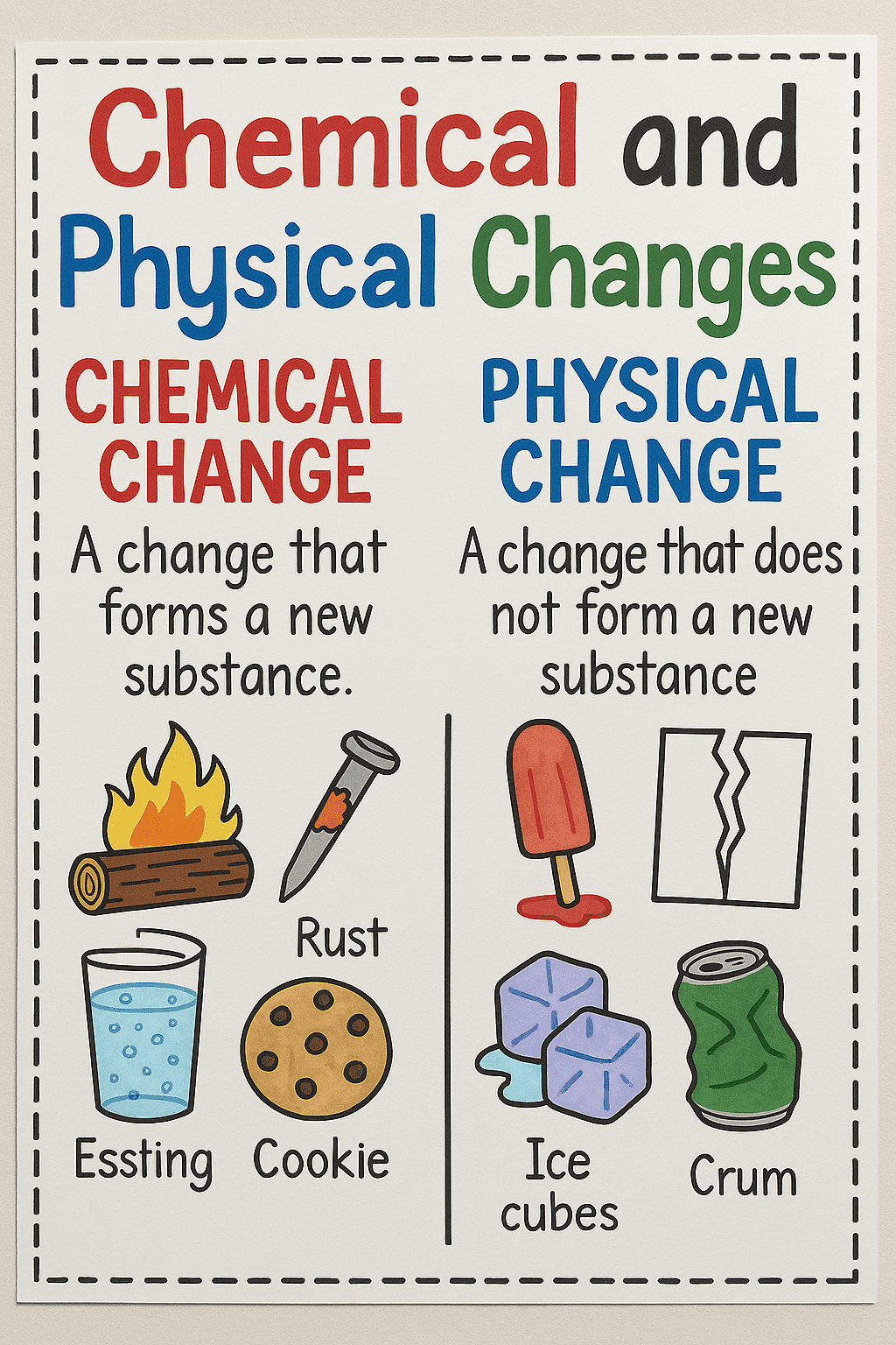 Rusting metal and cookie illustrate chemical change; ice cubes and crumpled soda can demonstrate physical change, highlighting differences crucial for science education.