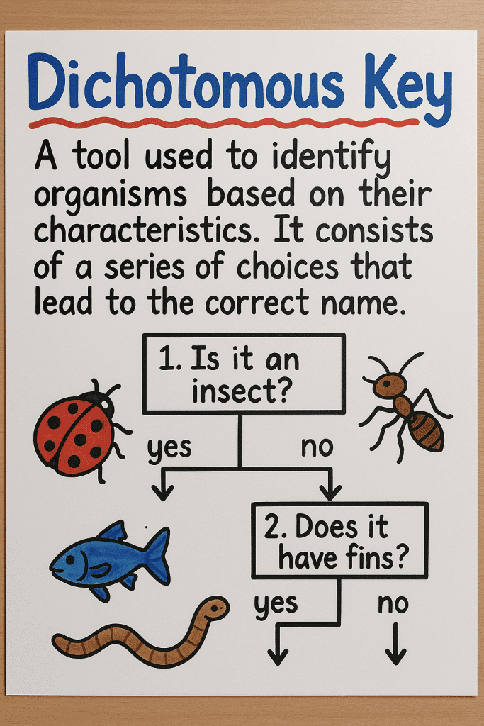 Dichotomous key educational chart for identifying insects and organisms, featuring simple decision questions with illustrations of a ladybug, ant, fish, and worm for classroom learning and biology studies.