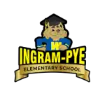 Bright mascot wearing a graduation cap holding a diploma inside Ingram-Pye Elementary School logo, featuring bold yellow and blue colors, perfect for educational branding and SEO.
