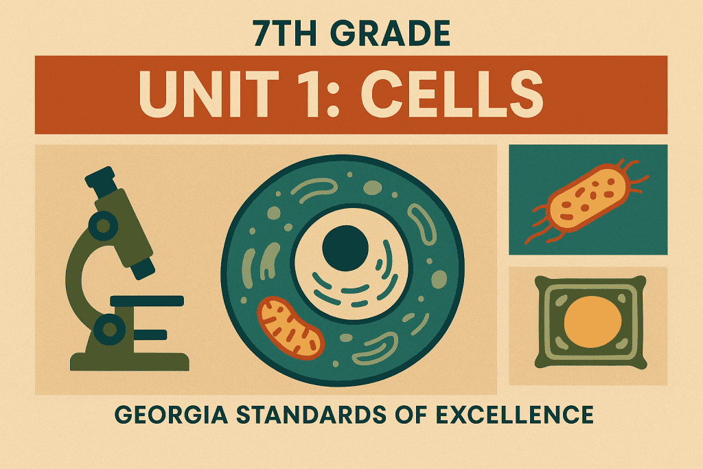 Microscope, cell, and bacteria illustrations for 7th grade biology lesson on cells, part of Georgia Standards of Excellence, educational science material from FSI Courses.