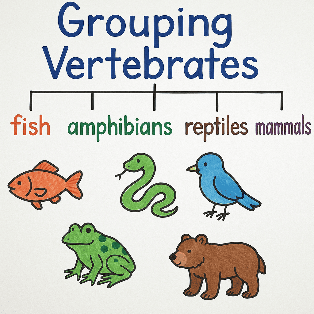 Fish, amphibians, reptiles, mammals, educational diagram of grouping vertebrates for kids, colorful illustration of different animals including fish, frog, snake, bird, and bear, suitable for science and biology learning.