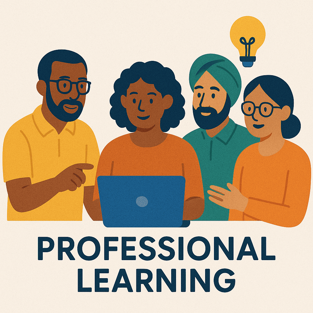 Interactive professional learning session with diverse team discussing online course content and ideas on laptop, collaborative education and training, teamwork and skill development, modern, digital learning environment.