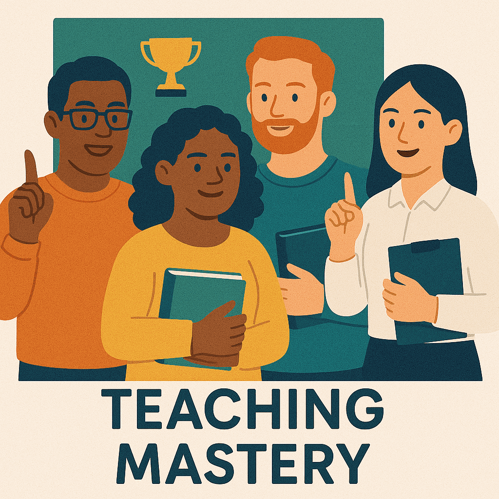 Diverse teachers engaging in teacher training, holding books and tablets in a classroom setting, emphasizing teaching mastery and professional development.