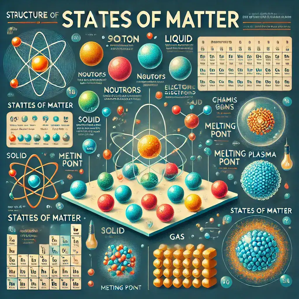 Atoms and molecules illustrating states of matter, atomic structure, and phase changes, ideal for science education, physics, chemistry, and STEM learning resources.